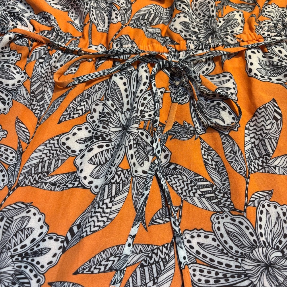 SALE! LOFT Dress XS Orange Black White Floral Mini Retro Ruffle Elastic Neckline - Picture 11 of 16